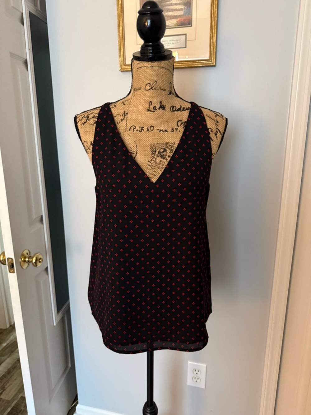 Express Black V-Neck Sleeveless Camisole with Red Micro Print